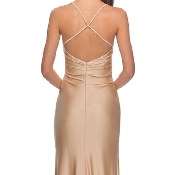 La Femme Open-Back V-Neck Satin Maxi Dress in Nude – Size 4 - Picture 6 of 8